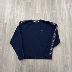 Vintage Tommy Hilfiger Jeans Sweater Men's XL Blue Knit Sleeve Spellout 90s